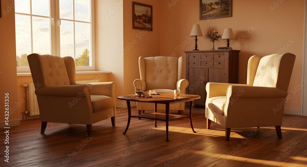Warm sunlight streams into a cozy living room, illuminating three wingback chairs arranged around a coffee table. A peaceful and inviting atmosphere.