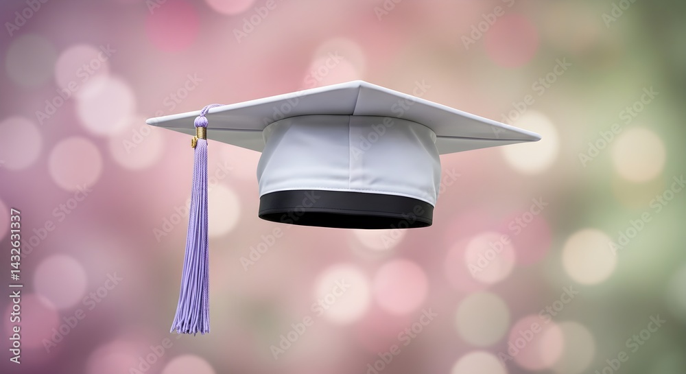 A white graduation cap with a lavender tassel hangs in the air against a soft, bokeh background. Celebrating academic achievement!