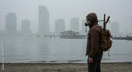 Obraz na płótnie A man in a gas mask stands on a beach, gazing at a hazy cityscape. A post-apocalyptic scene. w salonie
