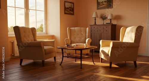 Obraz na płótnie Warm sunlight streams into a cozy living room, illuminating three wingback chairs arranged around a coffee table. A peaceful and inviting atmosphere. w salonie