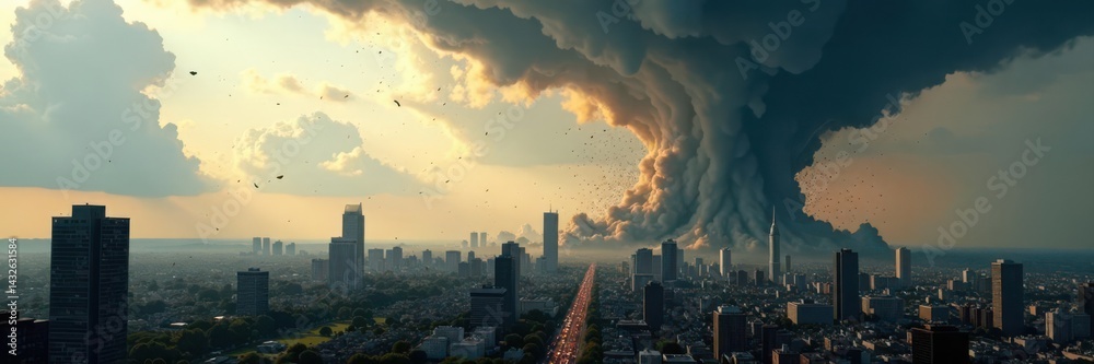 Fototapeta premium City skyline consumed by massive tornado, debris flying , sky, fallen buildings