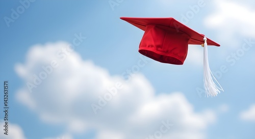Red graduation cap tossed in the air against a bright blue sky. A symbol of accomplishment and new beginnings.