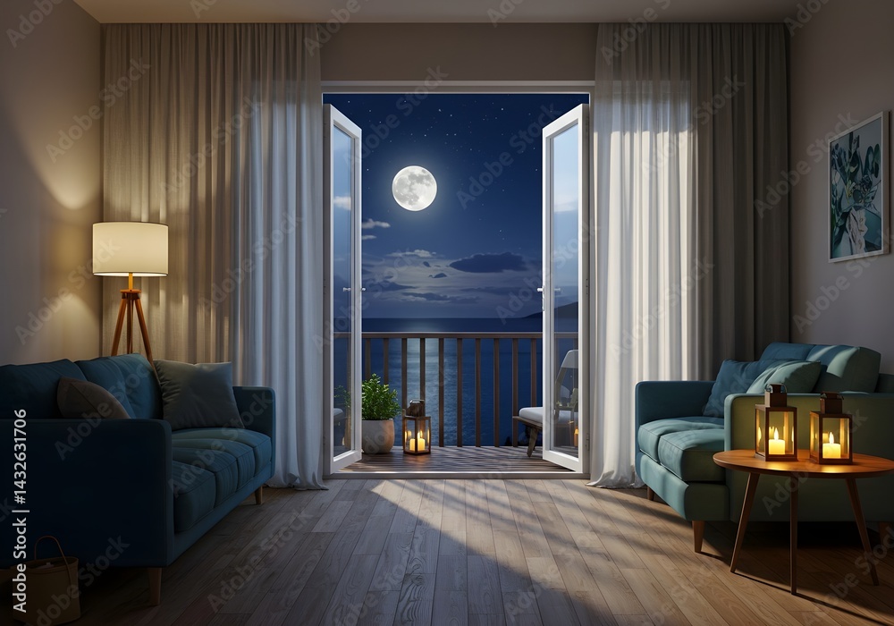 Relaxing evening at home. Teal sofas face a balcony with ocean view under a full moon.