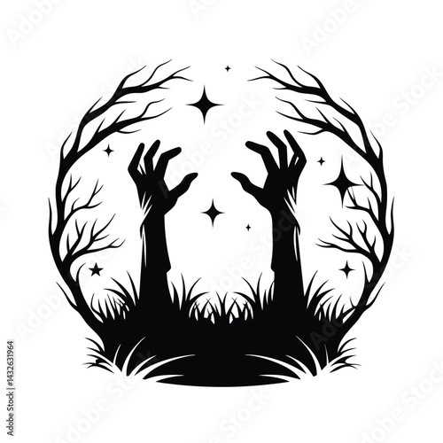 Silhouette of Creepy Zombie Monster with Hands Up on White Background