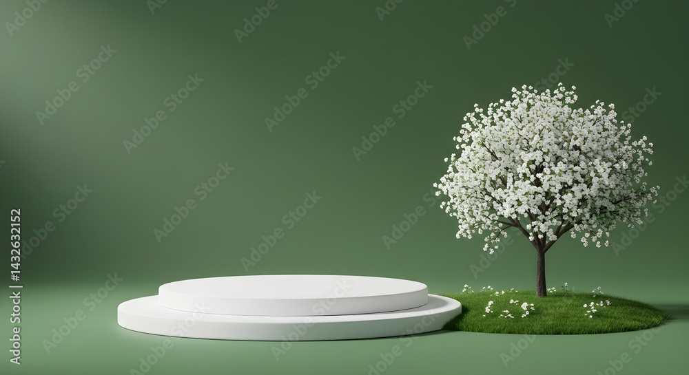 Serene spring scene with a blossoming tree and a minimalist white platform. Perfect for product display or showcasing spring themes.