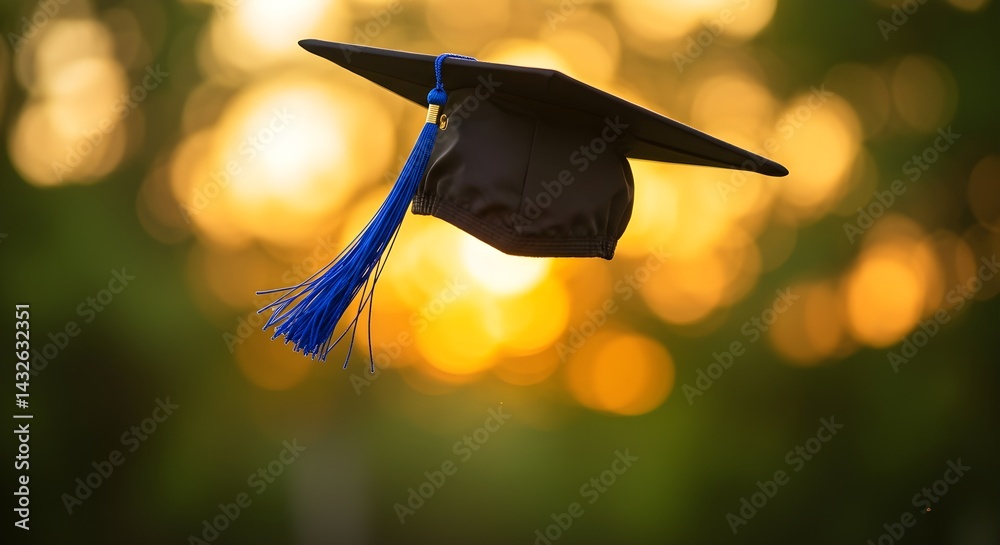 A black graduation cap with a blue tassel, tossed in the air against a warm sunset backdrop. A symbol of accomplishment and new beginnings.