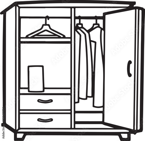 clothing storage wardrobe open closet line art, black outline, vector and illustration, coloring book page line art drawing