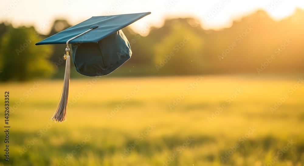 A teal graduation cap with a beige tassel floats gently against a sunlit field. The golden hour light bathes the scene in warmth and hope.