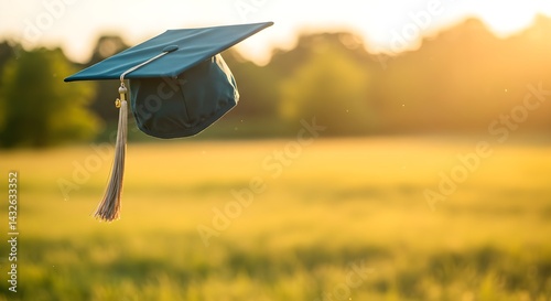 Obraz na płótnie A teal graduation cap with a beige tassel floats gently against a sunlit field. The golden hour light bathes the scene in warmth and hope. w salonie