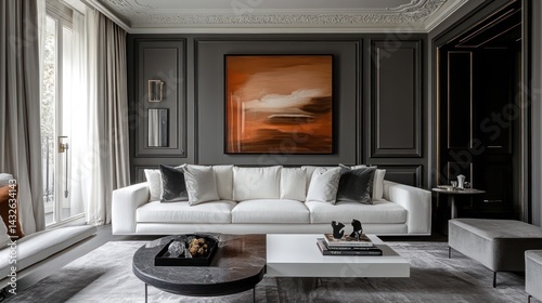 Modern living room interior design, Parisian apartment, cozy atmosphere, abstract art photo