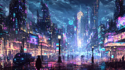 Walking in Cyberpunk Cityscape at Night with Reflections and Neon Lights