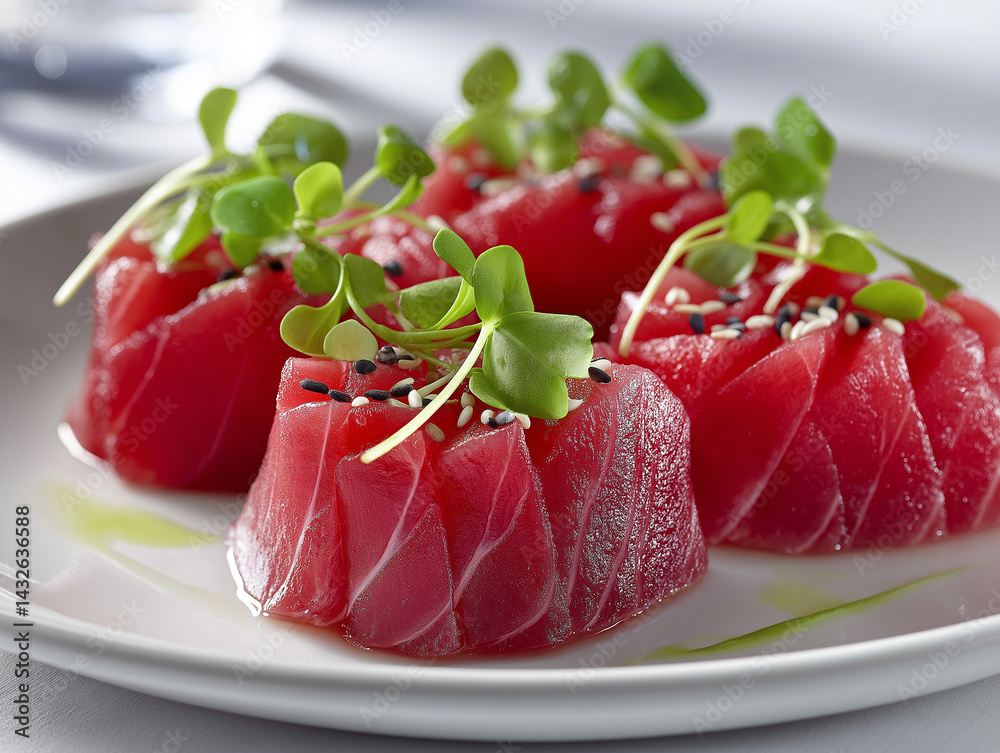 Thunfisch-Sashimi-Kreise mit frischen Kräutern garniert auf weißem Teller