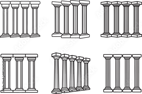 set of columns standing in a row line art, black outline, vector and illustration, coloring book page line art drawing