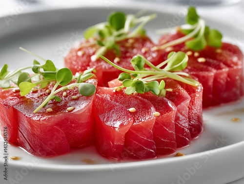 Thunfisch-Sashimi-Kreise mit frischen Kräutern garniert auf weißem Teller