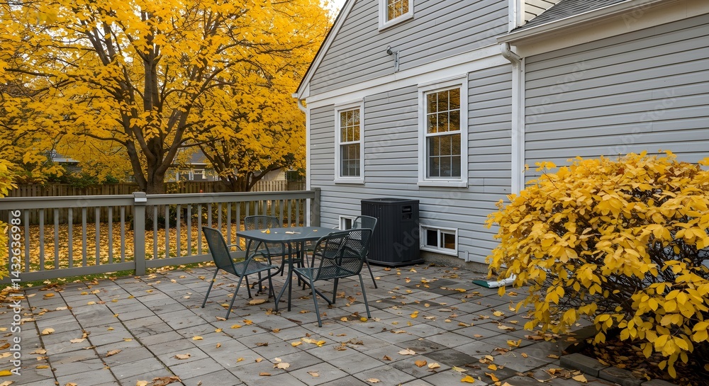Autumn patio scene with a gray house in the background. A table and chairs sit on a stone patio, surrounded by fall foliage.