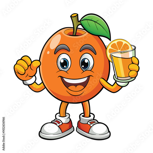 Cartoon orange fruit character holding juice