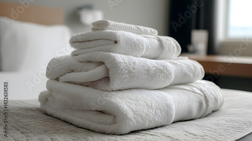 Neatly folded white towels on a hotel bed, embodying clean and inviting hospitality
