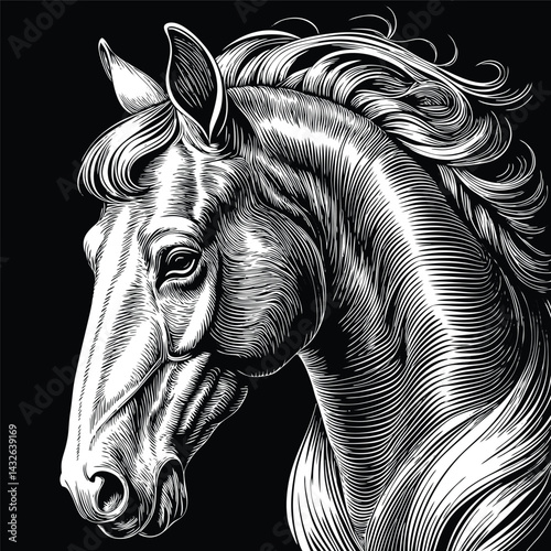 Detailed black and white horse head illustration