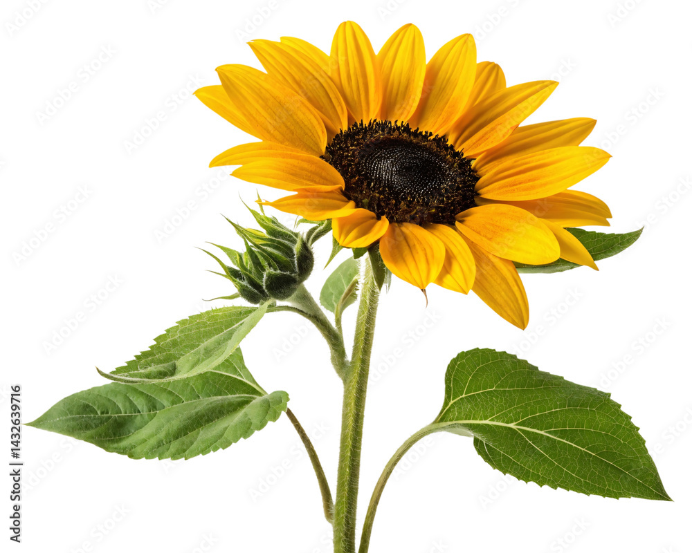Naklejka premium Sunflower Bloom with Leaves Isolated on transparent Background