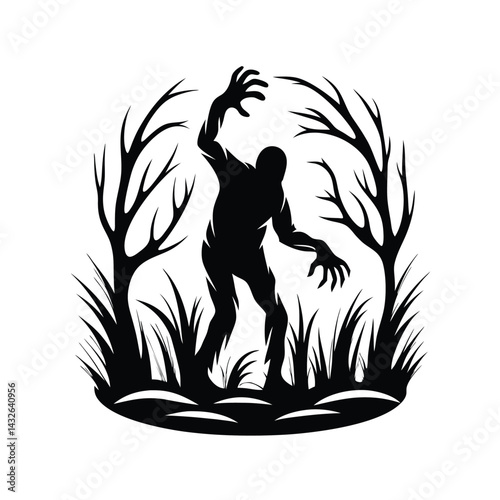 Silhouette Zombie Monster with Extended Arms and Sharp Claws Over Bush