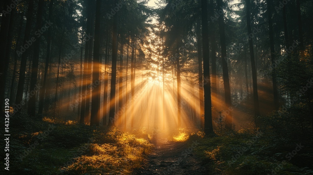 Fototapeta premium Sunbeams streaming down in a dark forest, creating a mystical and magical glow.