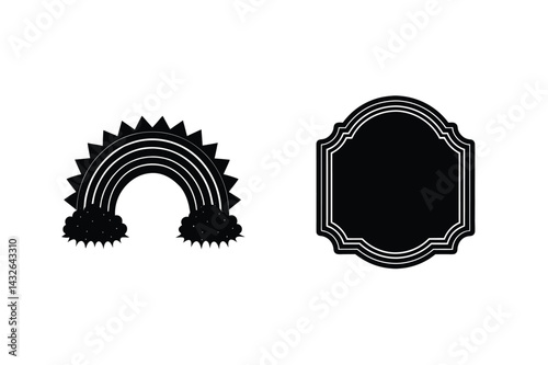 Black Silhouette Of Rainbow With Clouds And Elegant Vintage Frame Design