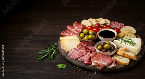 A delectable charcuterie board featuring cured meats, cheeses, olives, and crusty bread, perfect for sharing.