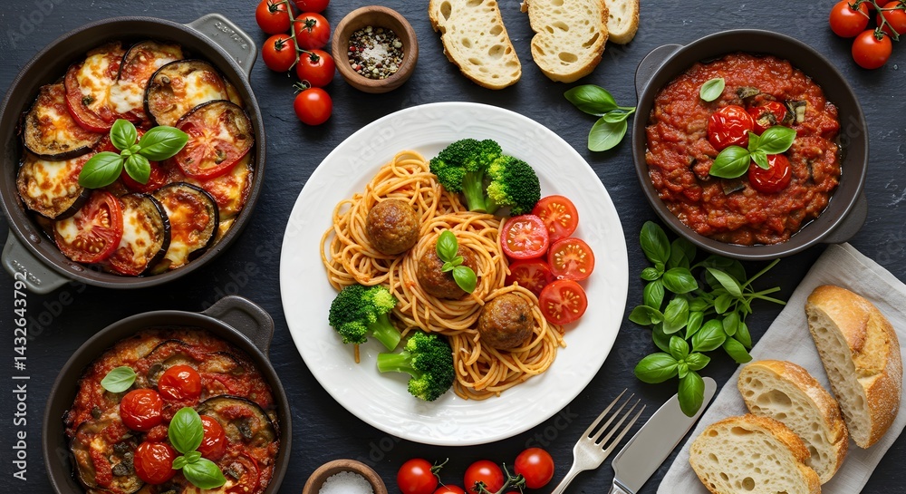 A delicious Italian meal featuring pasta with meatballs and vegetables, alongside eggplant casserole and a rich tomato sauce.