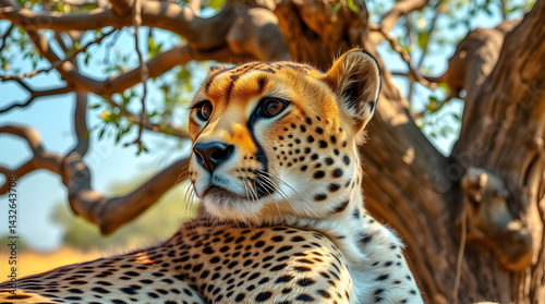 A close-up portrait of a cheetah resting under an acacia tree.