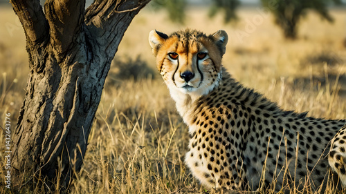 A close-up portrait of a cheetah resting under an acacia tree.