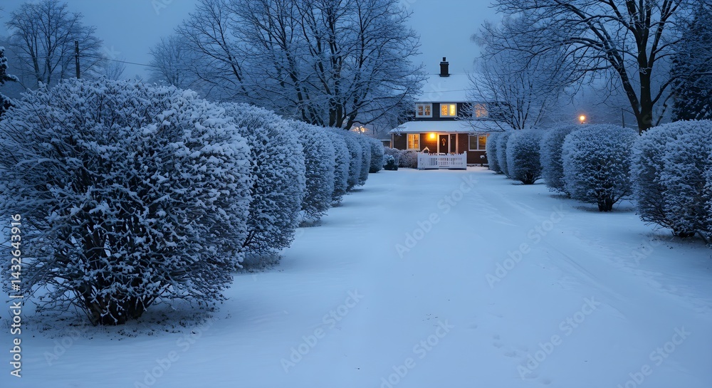 A cozy house on a snowy evening, the light from the windows glowing warmly against the winter wonderland.