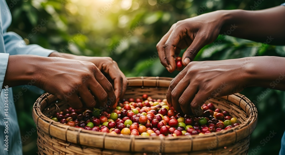 Close-up of hands carefully selecting ripe coffee cherries from a woven basket. The warm tones and lush green background create a vibrant image of the coffee harvest.
