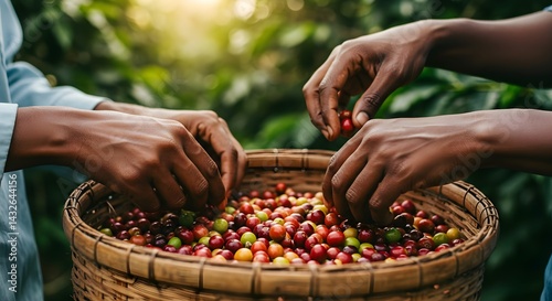 Obraz na płótnie Close-up of hands carefully selecting ripe coffee cherries from a woven basket. The warm tones and lush green background create a vibrant image of the coffee harvest. w salonie
