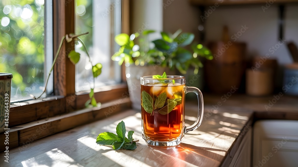 Refreshing iced tea with mint on a sunny kitchen windowsill. The perfect summer drink!