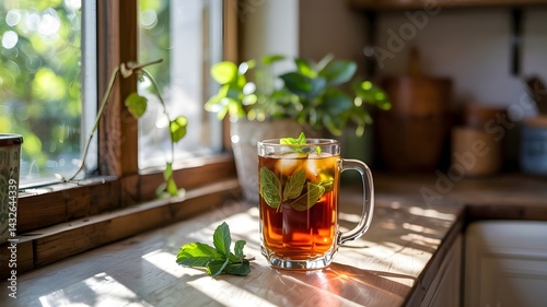 Obraz na płótnie Refreshing iced tea with mint on a sunny kitchen windowsill. The perfect summer drink! w salonie