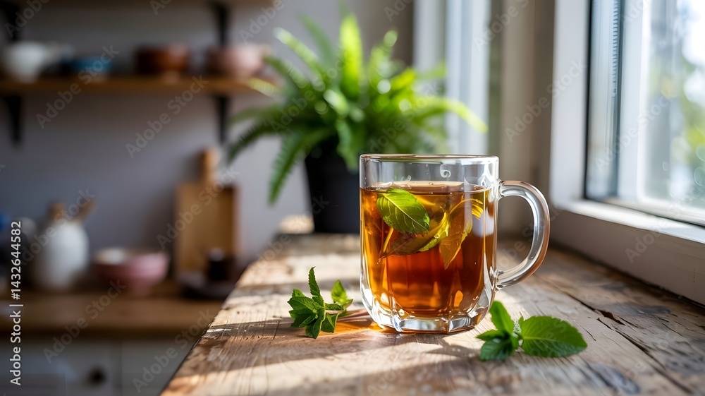 A refreshing cup of herbal tea with mint leaves, bathed in sunlight by a window. Perfect for a relaxing morning.