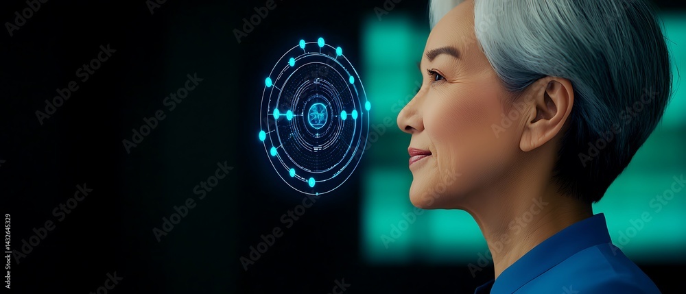 Naklejka premium Elder woman with short gray hair smiles at a futuristic digital display in blue