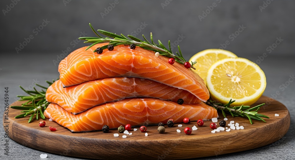 Three succulent salmon fillets artfully arranged on a wooden board with lemon slices and rosemary sprigs. A delectable culinary scene.
