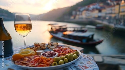 Gourmet Charcuterie Board with Wine Glass Overlooking River at Sunset in Porto, Portugal