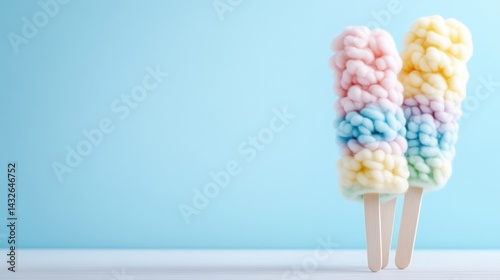 Colorful fluffy popsicles against a pastel background.  Visually appealing, layered ice pops with a soft, fluffy texture