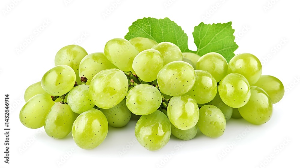 Lush Green Grapes Bunch with Leaves on White Background, Juicy Fresh Fruit Lush Green Grapes Bunch with Leaves on White Background, Juicy Fresh Fruit