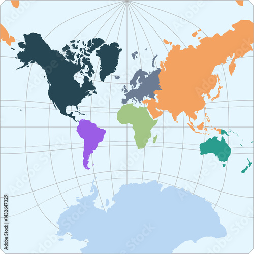 World vector map with continent boundaries and graticules (Adams square projection, PPT-compatible, pre-colored & fully editable)