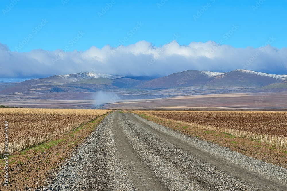 Country road through fields and mountains Country road through fields and mountains