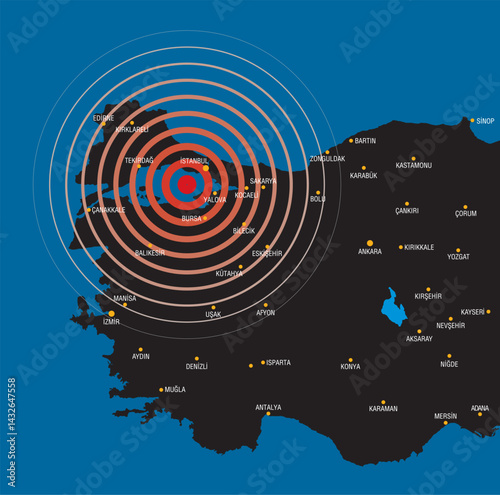 Earthquake epicenter in Istanbul, Turkey, and surrounding affected areas