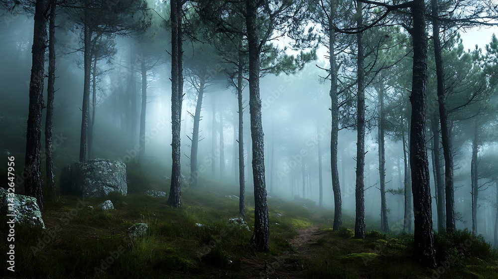 Fototapeta premium Misty Forest Trees Landscape, Dense Woodland with Overcast Fog and Lush Undergrowth
