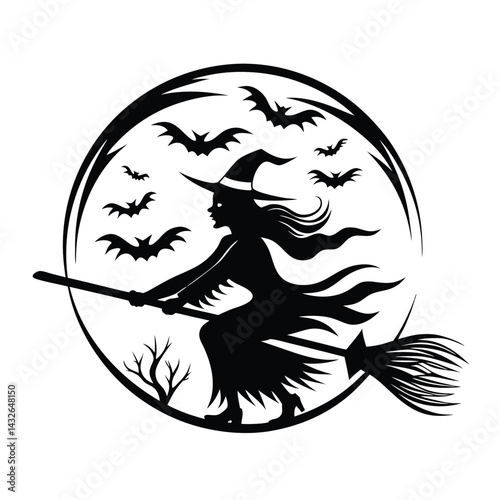 Silhouette Witch Flying On Broom Over Crescent Moon Among Stars Black and White Art