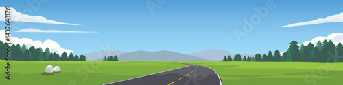 Horizontal or Landscape view illustration banner of asphalt road. Winding road leading straight to the valley. Green open fields and mountain under blue sky for background.