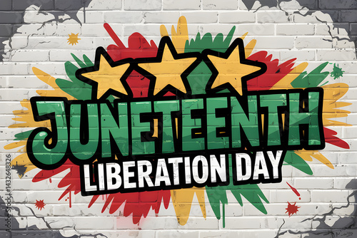 Juneteenth Liberation Day Celebration Illustration On White Brick Wall With Graffiti Style