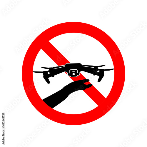 Sign prohibited from operating, flying drones in an area. Cross. red, fine, prohibited area, camera, video, remote, hand, landing, flying. Vector