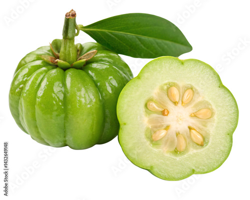 Garcinia Cambogia Fruit with Leaf and Cross Section Isolated on transparent background